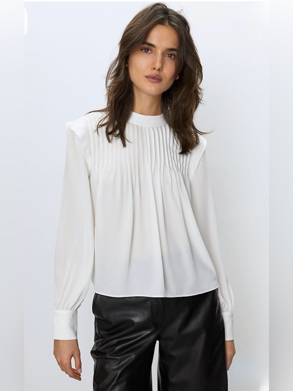 Aritzia Babaton White Pleated High-Neck Long-Sleeve Blouse